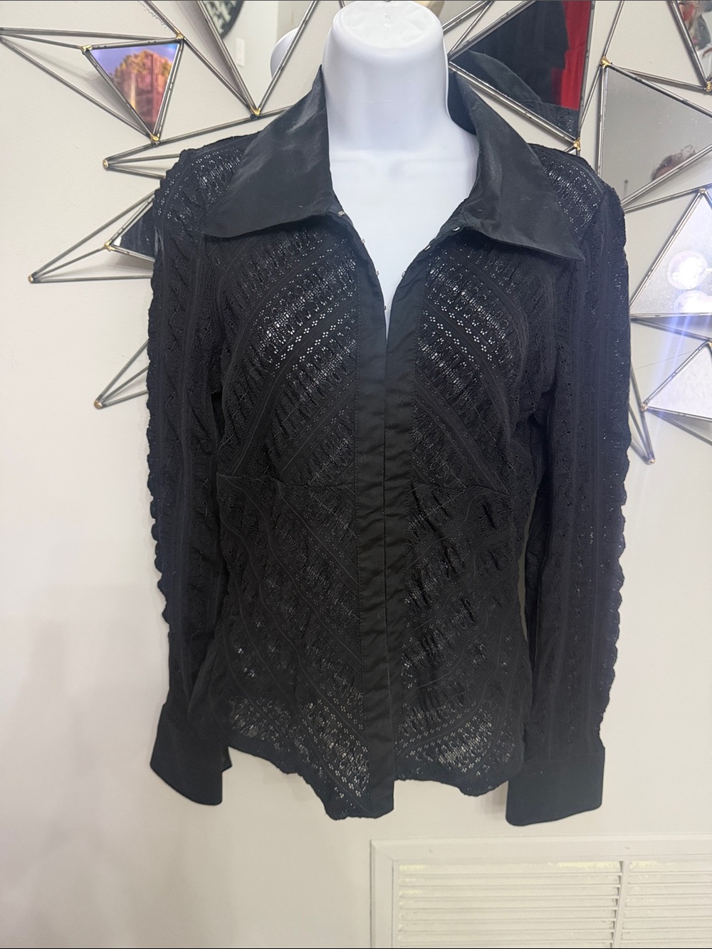 Black Lace Knit Button-Front Blouse